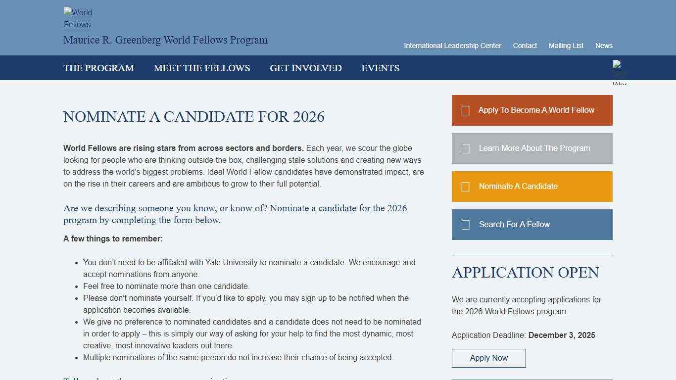 Nominate a Candidate for 2026 – Maurice R. Greenberg World Fellows Program